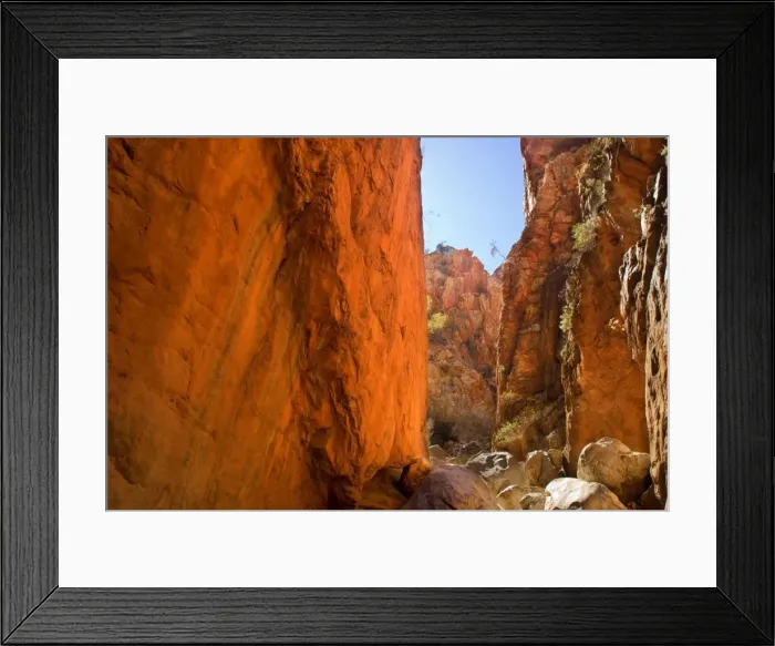 Framed Print : Standley Chasm - the midday sun reflects on the steep, red walls of Standley Chasm and illuminates the whole gorge in bright red light - Standley Chasm, West MacDonnell National Park, Northern Territory, Australia Framed Print : Standley Chasm - the midday sun reflects on the steep, red walls of Standley Chasm and illuminates the whole gorge in bright red light - Standley Chasm, West MacDonnell National Park, Northern Territory, Australia