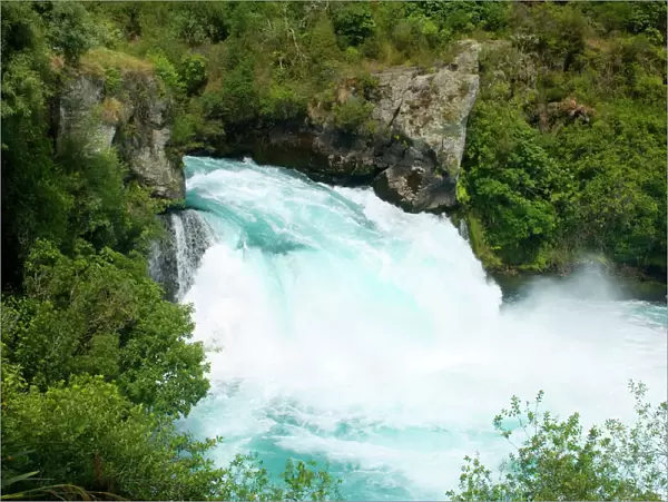 Huka Falls water masses of Waikato river rushing down Huka Falls Taupo, North Island, New Zealand