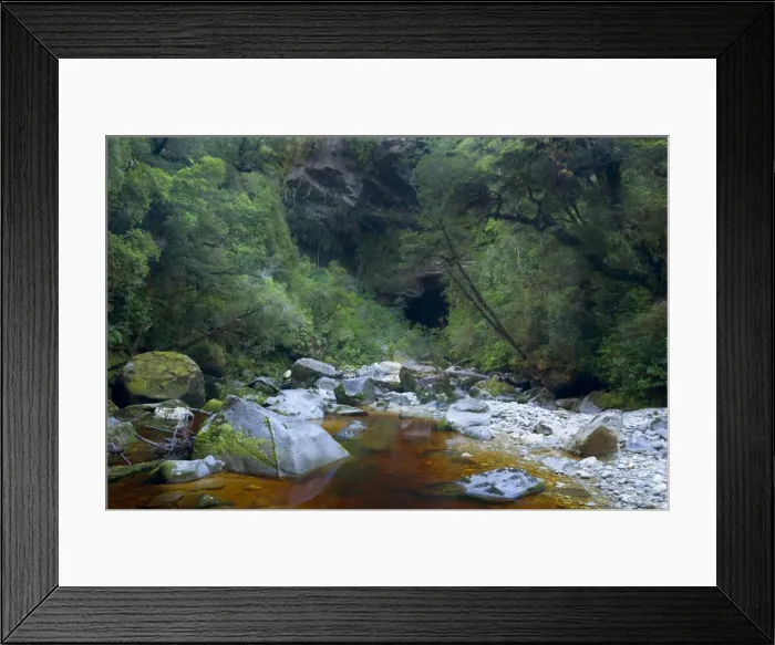 Framed Print : Oparara Arch view of Oparara Arch and Oparara river when approached by foot from path Oparara basin, Karamea region, West Coast, South Island, New Zealand Framed Print : Oparara Arch view of Oparara Arch and Oparara river when approached by foot from path Oparara basin, Karamea region, West Coast, South Island, New Zealand