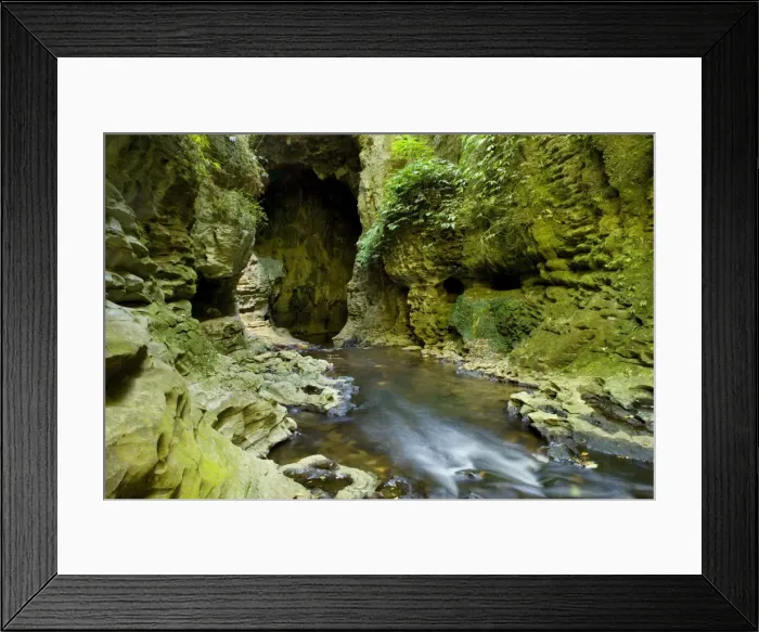 Framed Print : Limestone Tunnel river flows through a deep and narrow gorge into a cave-like limestone tunnel Ruakuri Bush and Scenic Reserve, Waitomo, King Country, North Island, New Zealand