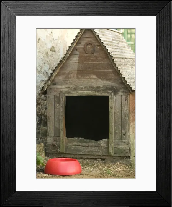 Framed Print : Dog Kennel - with dog bowl Framed Print : Dog Kennel - with dog bowl