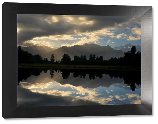 Lake Matheson perfect reflection of the Southern Alps in Lake Matheson Westland National Park, West Coast, South Island, New Zealand