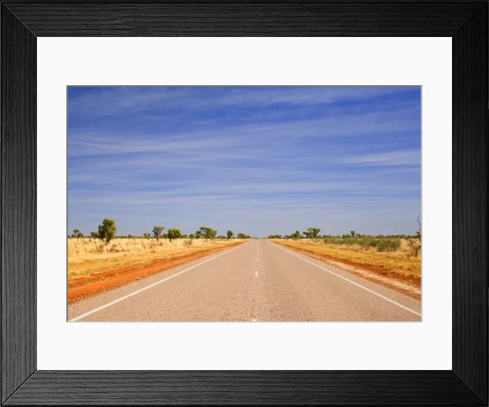 Framed Print : Road to nowhere - a perfectly straight bitumen road, which leads for hours and hours through dry bushland, in Western Australia's outback - Western Australia, Australia Framed Print : Road to nowhere - a perfectly straight bitumen road, which leads for hours and hours through dry bushland, in Western Australia's outback - Western Australia, Australia