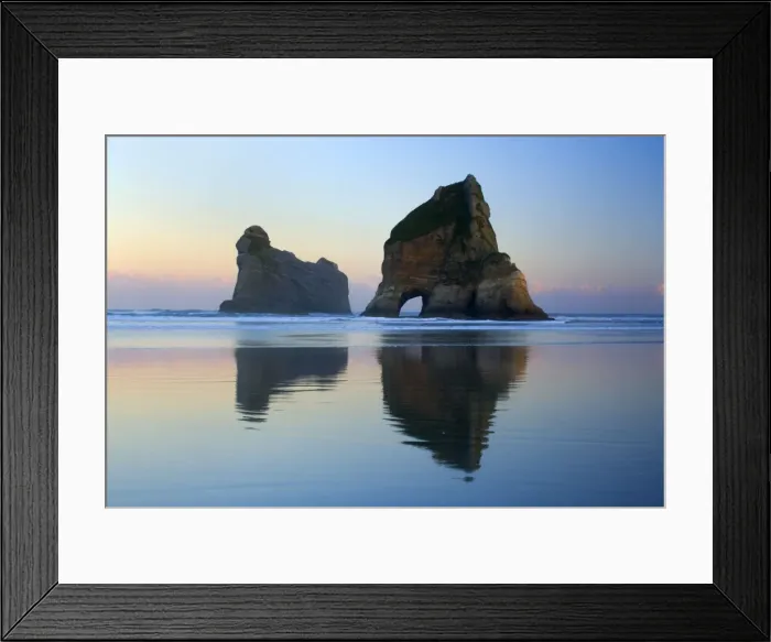 Framed Print : Rocky Islands - by powerful surf sculpted rock islands with caves and arches at Wharariki beach just before sunrise - Wharariki Beach, Golden Bay, Nelson District, South Island, New Zealand Framed Print : Rocky Islands - by powerful surf sculpted rock islands with caves and arches at Wharariki beach just before sunrise - Wharariki Beach, Golden Bay, Nelson District, South Island, New Zealand
