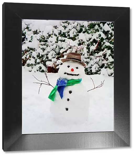 Snowman - with scarf & hat in winter scene Digital Manipulation: removed flower pots, snow added to background, general clean-up