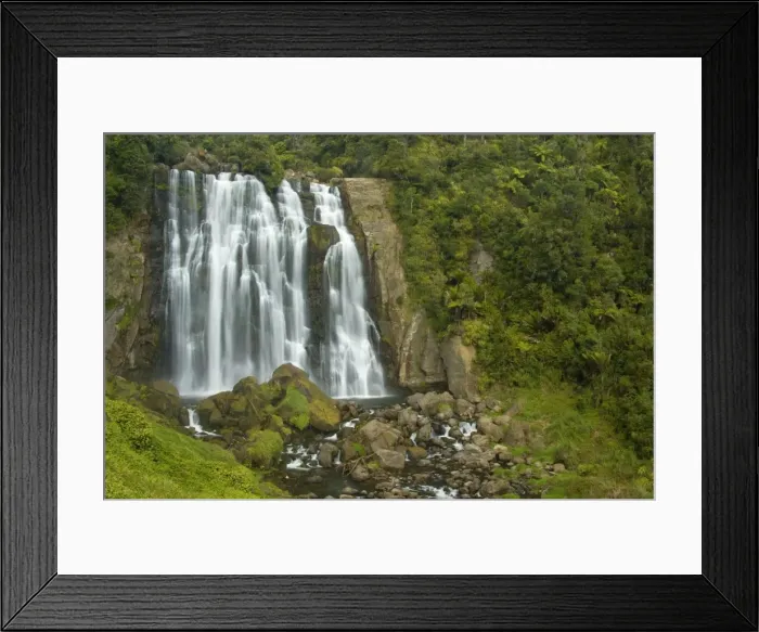 Framed Print : Marokopa Falls Marokopa river drops over the edge into a wide gorge which flanks are clad by lush temperate rainforest with Nikau Palms Waitomo, King Country, North Island, New Zealand Framed Print : Marokopa Falls Marokopa river drops over the edge into a wide gorge which flanks are clad by lush temperate rainforest with Nikau Palms Waitomo, King Country, North Island, New Zealand
