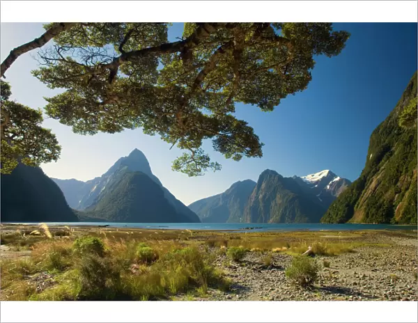 Milford Sound with landmark Mitre Peak and surrounding mountains. Milford Sound is one of the, if not THE, most famous attraction in New Zealand