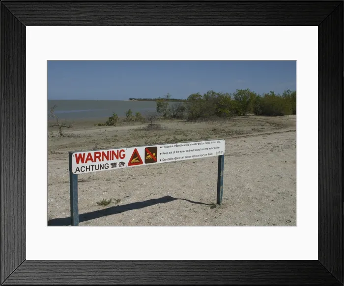 Framed Print : Crocodile warning sign Karumba Point, foreshore, Gulf of Carpentaria, Queensland, Australia Framed Print : Crocodile warning sign Karumba Point, foreshore, Gulf of Carpentaria, Queensland, Australia