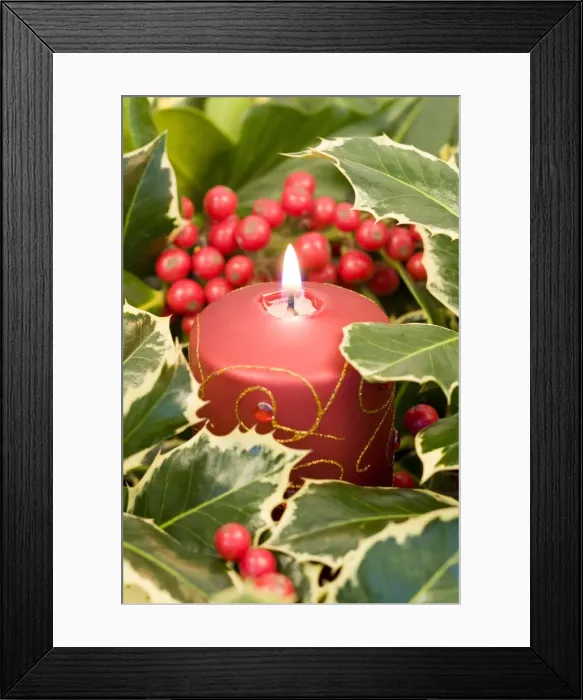 Framed Print : Christmas Candle and holly berries