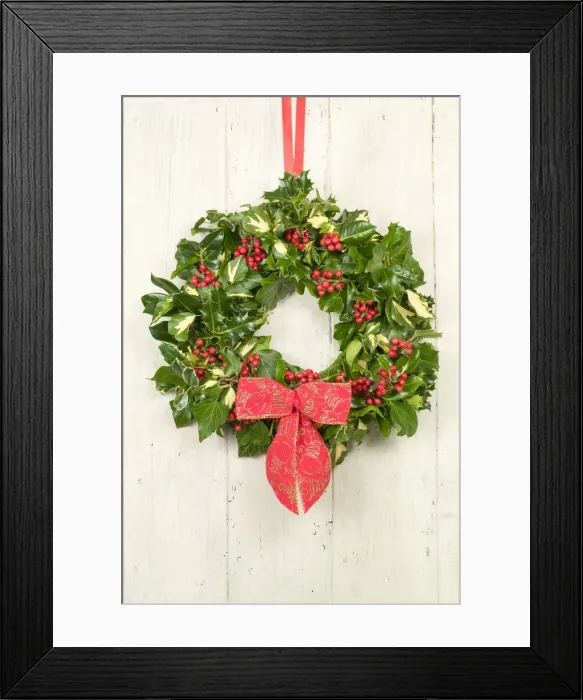Framed Print : Christmas Wreath on old white painted door Framed Print : Christmas Wreath on old white painted door