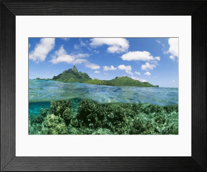 Framed Print : Pacific KA 326 Coral reef and Volcanoes split level shot. Bora Bora Island, Polynesia © Kurt Amsler / ARDEA LONDON Framed Print : Pacific KA 326 Coral reef and Volcanoes split level shot. Bora Bora Island, Polynesia © Kurt Amsler / ARDEA LONDON