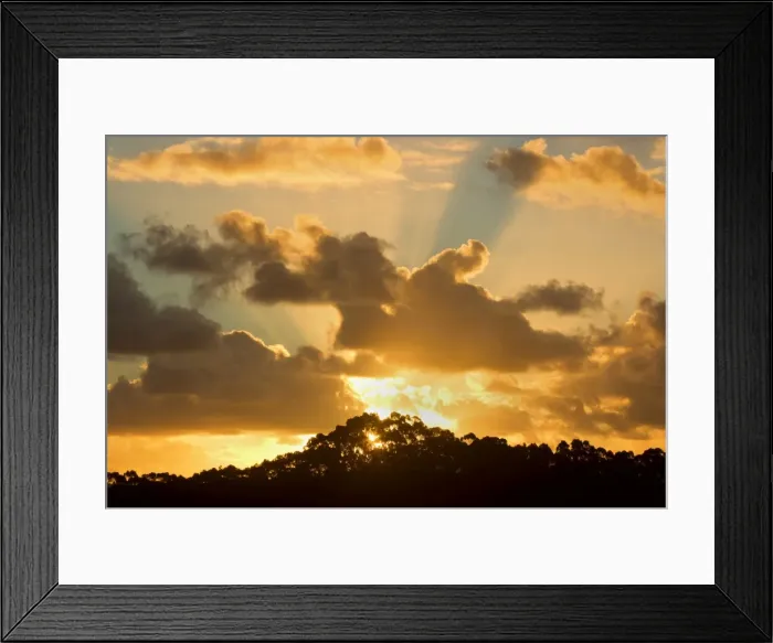 Framed Print : Sunset - the sun is setting over Tasmania's coast in Strahan. The sun is hidden behind clouds, but manages to send a few sunbeams out, which makes the clouds ablaze in bright orange - Strahan, Westcoast, Tasmania, Australia Framed Print : Sunset - the sun is setting over Tasmania's coast in Strahan. The sun is hidden behind clouds, but manages to send a few sunbeams out, which makes the clouds ablaze in bright orange - Strahan, Westcoast, Tasmania, Australia