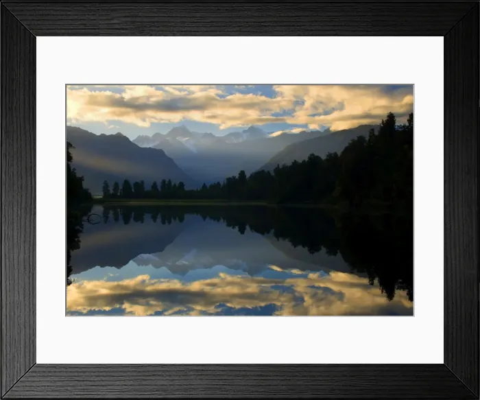 Framed Print : Lake Matheson - perfect reflection of Mount Cook and the Southern Alps in Lake Matheson at sunrise Westland National Park, West Coast, South Island, New Zealand Framed Print : Lake Matheson - perfect reflection of Mount Cook and the Southern Alps in Lake Matheson at sunrise Westland National Park, West Coast, South Island, New Zealand