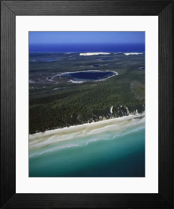 Framed Print : Aerial of Platypus Bay with lakes and lagoons, Great Sandy National Park, Fraser Island, Queensland, Australia JPF33763