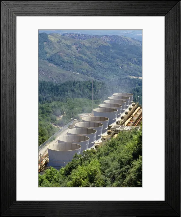 Framed Print : Geothermal Energy - steam leaves cooling towers at steam driven electrical power plant Sonoma, California, USA Framed Print : Geothermal Energy - steam leaves cooling towers at steam driven electrical power plant Sonoma, California, USA