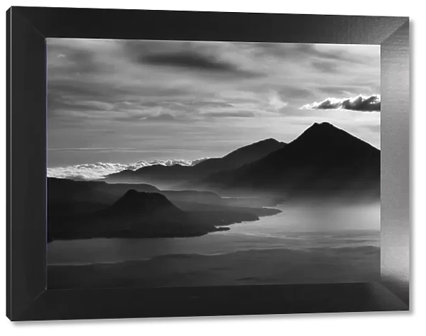 Lake Atitlan with mountain scene - Guatemala. In black & white