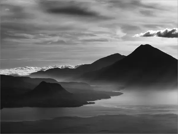 Lake Atitlan with mountain scene - Guatemala. In black & white