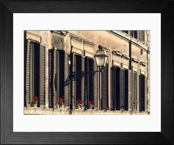 Framed Print : Italy - Rome - street scene with window shutters and window boxes Framed Print : Italy - Rome - street scene with window shutters and window boxes