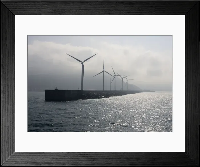Framed Print : Giant wind turbines on breakwater at entyrance to Bilbao harbour Spain Framed Print : Giant wind turbines on breakwater at entyrance to Bilbao harbour Spain
