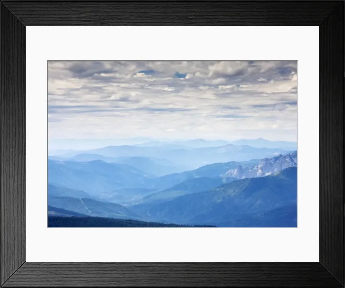 Framed Print : View westwards from Mount Shasta looking across the Marble Mountains and Shasta-Trinity range, hazy and smoky after 2008 fires. California Framed Print : View westwards from Mount Shasta looking across the Marble Mountains and Shasta-Trinity range, hazy and smoky after 2008 fires. California