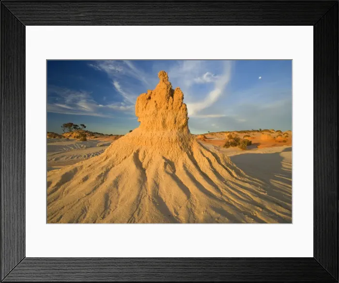 Framed Print : Eroded pinnacles - the moon is rising behind amazingly shaped, eroded pinnacles of the lunette Walls of China, located within the since 18000 years dried-up lakebed of Lake Mungo Framed Print : Eroded pinnacles - the moon is rising behind amazingly shaped, eroded pinnacles of the lunette Walls of China, located within the since 18000 years dried-up lakebed of Lake Mungo