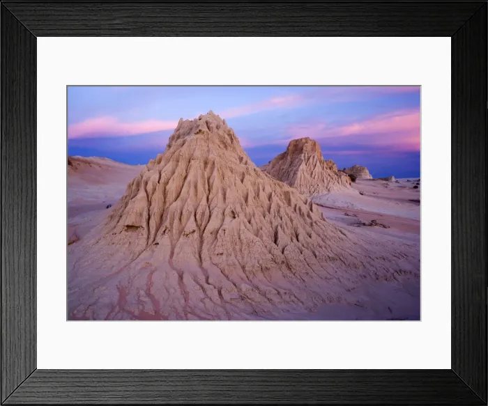 Framed Print : Eroded pinnacles - amazingly shaped, eroded pinnacles of the lunette Walls of China, located within the since 18000 years dried-up lakebed of Lake Mungo, at dusk Framed Print : Eroded pinnacles - amazingly shaped, eroded pinnacles of the lunette Walls of China, located within the since 18000 years dried-up lakebed of Lake Mungo, at dusk