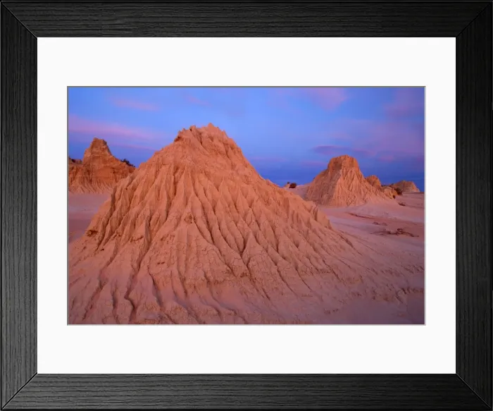 Framed Print : Eroded pinnacles - amazingly shaped, eroded pinnacles of the lunette Walls of China, located within the since 18000 years dried-up lakebed of Lake Mungo, at dusk Framed Print : Eroded pinnacles - amazingly shaped, eroded pinnacles of the lunette Walls of China, located within the since 18000 years dried-up lakebed of Lake Mungo, at dusk
