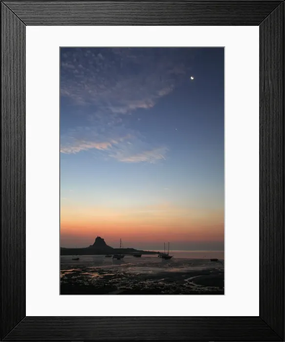 Framed Print : Lindisfarne Castle and Moon - at sunrise over harbour, Holy Island, Northumberland National Park, England Framed Print : Lindisfarne Castle and Moon - at sunrise over harbour, Holy Island, Northumberland National Park, England