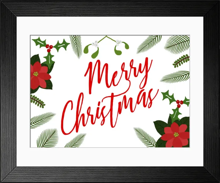 Framed Print : 13131016. Merry Christmas with winter foliage, poinsettia, holly, mistletoe Date Framed Print : 13131016. Merry Christmas with winter foliage, poinsettia, holly, mistletoe Date