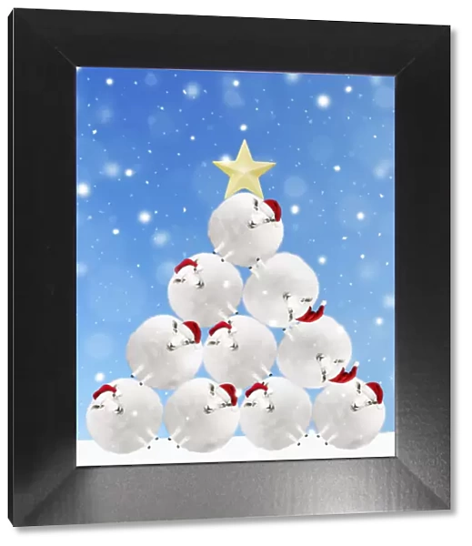 13131111. Sheep snowballs wearing Christmas hats stacked to resemble Christmas tree Date
