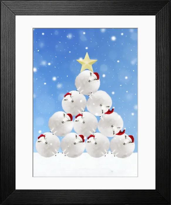 Framed Print : 13131111. Sheep snowballs wearing Christmas hats stacked to resemble Christmas tree Date Framed Print : 13131111. Sheep snowballs wearing Christmas hats stacked to resemble Christmas tree Date