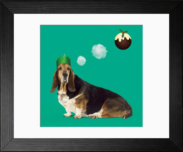 Framed Print : 13131248. Basset Hound Dog wearing Christmas party hat, dreaming of Christmas pudding Date Framed Print : 13131248. Basset Hound Dog wearing Christmas party hat, dreaming of Christmas pudding Date