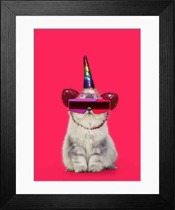 Framed Print : 13131464. Persian Tortoiseshell Cameo Cat, grumpy kitten wearing futuristic sunglasses