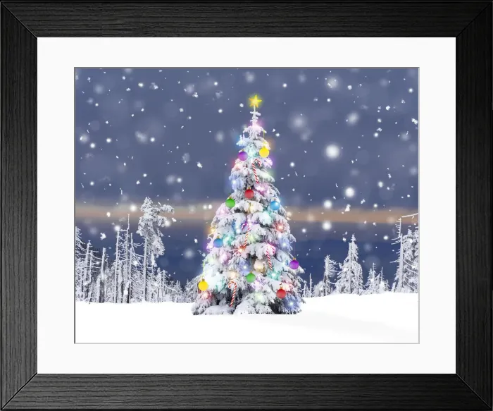 Framed Print : 13132619. Christmas Tree - with Christmas lights decorations and star in winter snow Date Framed Print : 13132619. Christmas Tree - with Christmas lights decorations and star in winter snow Date