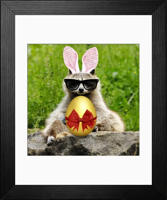 Framed Print : 13132622. Raccoon with bunny ears Easter egg and sunglasses Date Framed Print : 13132622. Raccoon with bunny ears Easter egg and sunglasses Date