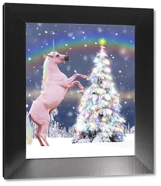13131763. Unicorn and Christmas Tree with Christmas lights and star in winter snow Date