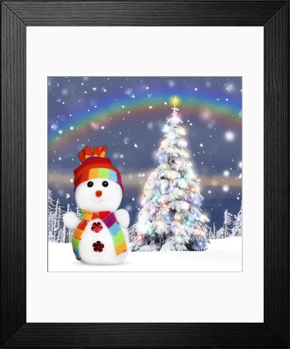 Framed Print : 13131787. Snowman and Christmas Tree with Christmas lights and star in winter snow Date Framed Print : 13131787. Snowman and Christmas Tree with Christmas lights and star in winter snow Date