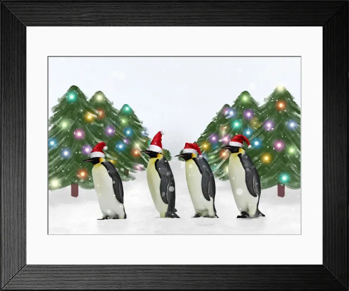 Framed Print : 13132692. Penguins wearing Christmas hats with Christmas trees Framed Print : 13132692. Penguins wearing Christmas hats with Christmas trees