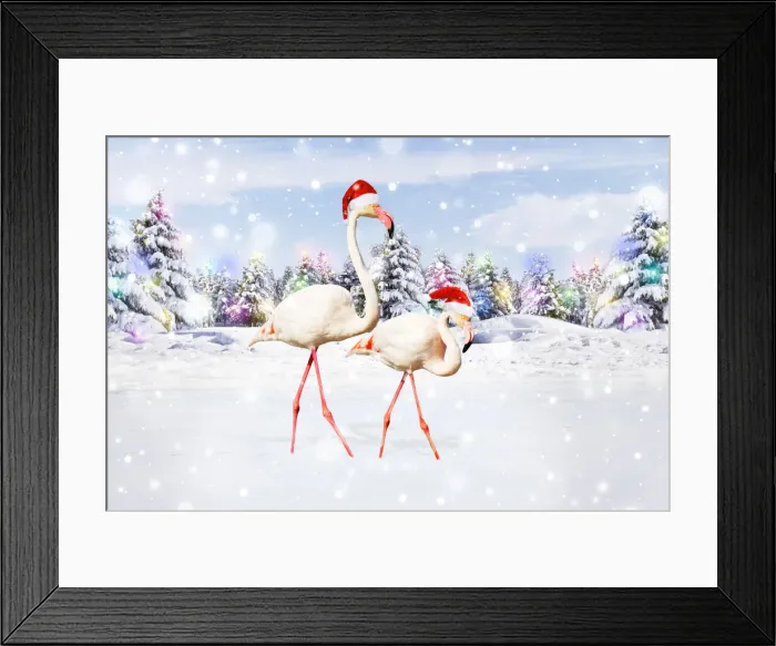 Framed Print : 13132705. Flamingos, wearing Christmas hat walking through Christmas scene Date Framed Print : 13132705. Flamingos, wearing Christmas hat walking through Christmas scene Date