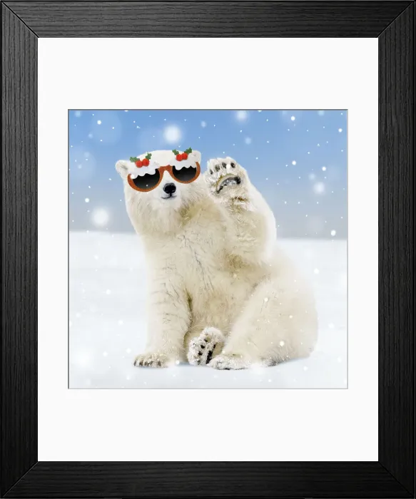Framed Print : 13132716. Polar Bear - young bear waving and wearing Chirstmas glasses Date Framed Print : 13132716. Polar Bear - young bear waving and wearing Chirstmas glasses Date