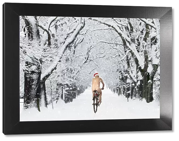 13132683. Naked male with Christmas hat on bike riding through avenue in winter snow Date