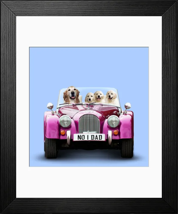 Framed Print : Golden Retriever Dog driving car with puppies Framed Print : Golden Retriever Dog driving car with puppies