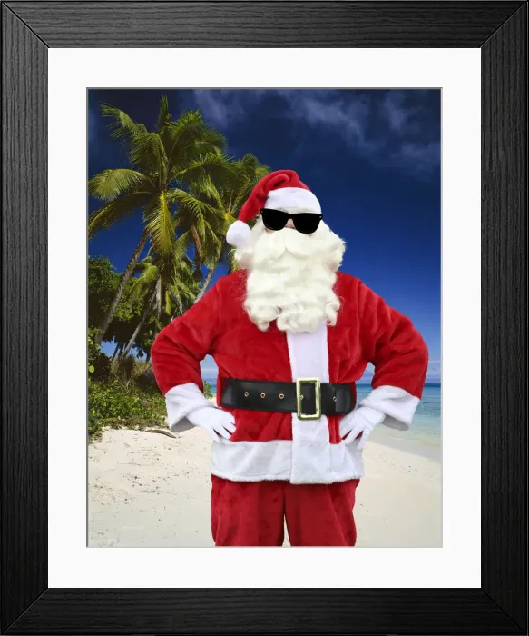 Framed Print : JLR-332-M. Father Christmas, on the beach with palm trees wearing sunglasses Date Framed Print : JLR-332-M. Father Christmas, on the beach with palm trees wearing sunglasses Date