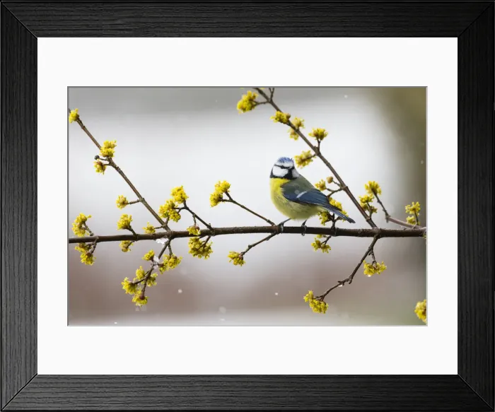 Framed Print : P2A7015. Blue Tit - perched on flowering Cornelian Cherry branch Framed Print : P2A7015. Blue Tit - perched on flowering Cornelian Cherry branch