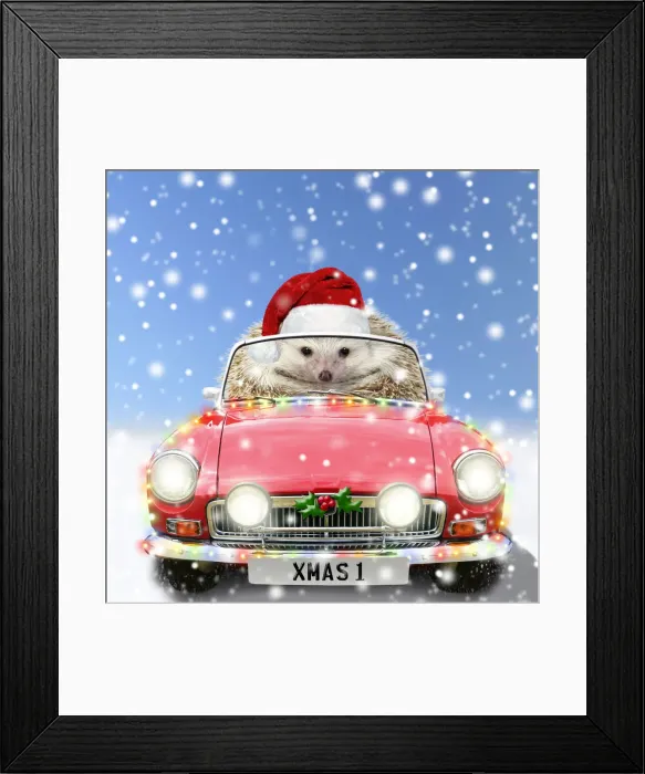 Framed Print : Hedgehog in sports car driving through Christmas snow Framed Print : Hedgehog in sports car driving through Christmas snow