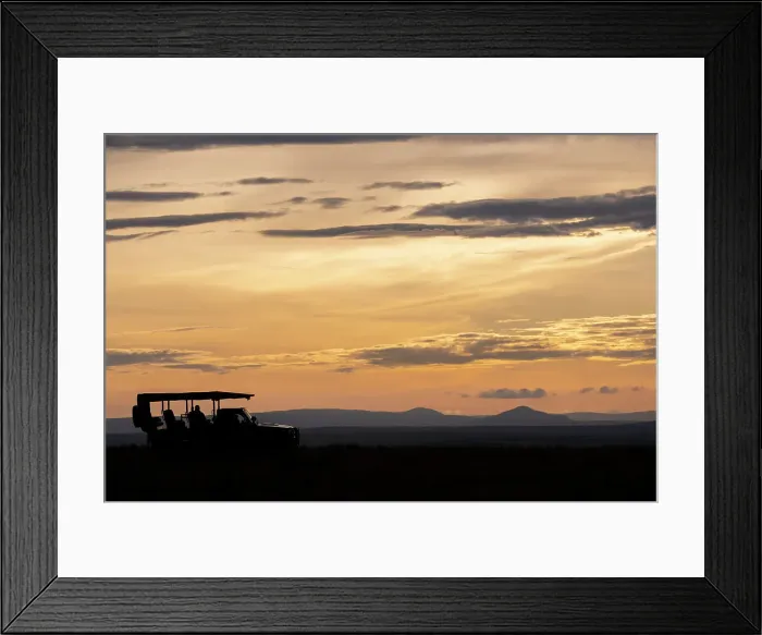 Framed Print : Africa, Kenya, Northern Serengeti Plains, Maasai Mara. Mara sunrise with safari jeep silhouette. Date: 30-10-2020 Framed Print : Africa, Kenya, Northern Serengeti Plains, Maasai Mara. Mara sunrise with safari jeep silhouette. Date: 30-10-2020