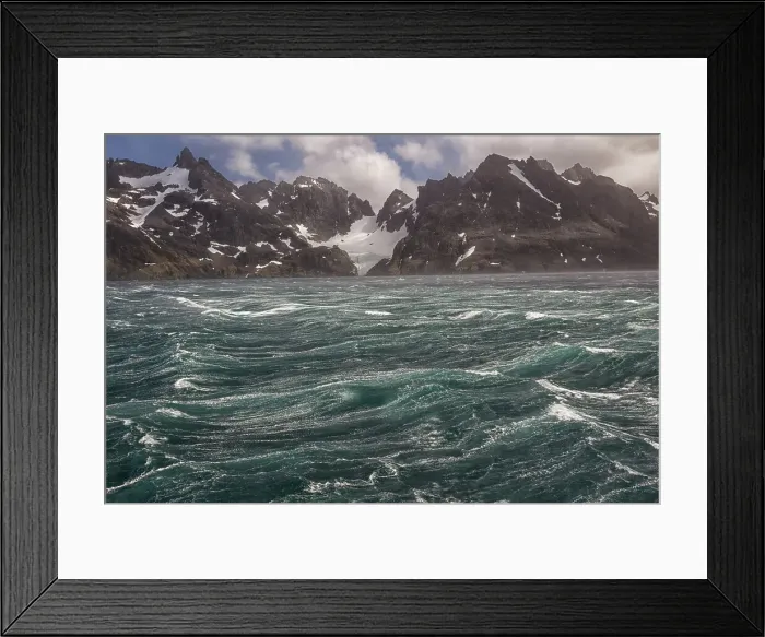 Framed Print : Southern Ocean, South Georgia, Drygalski Fjord. An Antarctic storm blows up where the wind flattens the waves in this protected area. Date: 19-11-2011