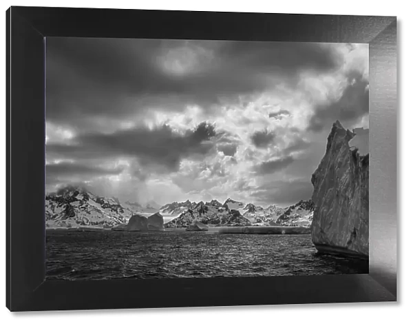South Georgia Island. Black and white Landscape of iceberg floating in the Atlantic and mountain scenery. Date: 18-10-2019