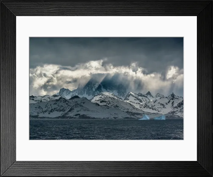 Framed Print : South Georgia Island. Opening in clouds and Virga reveal the mountainous and glaciated landscape. Date: 18-10-2019 Framed Print : South Georgia Island. Opening in clouds and Virga reveal the mountainous and glaciated landscape. Date: 18-10-2019