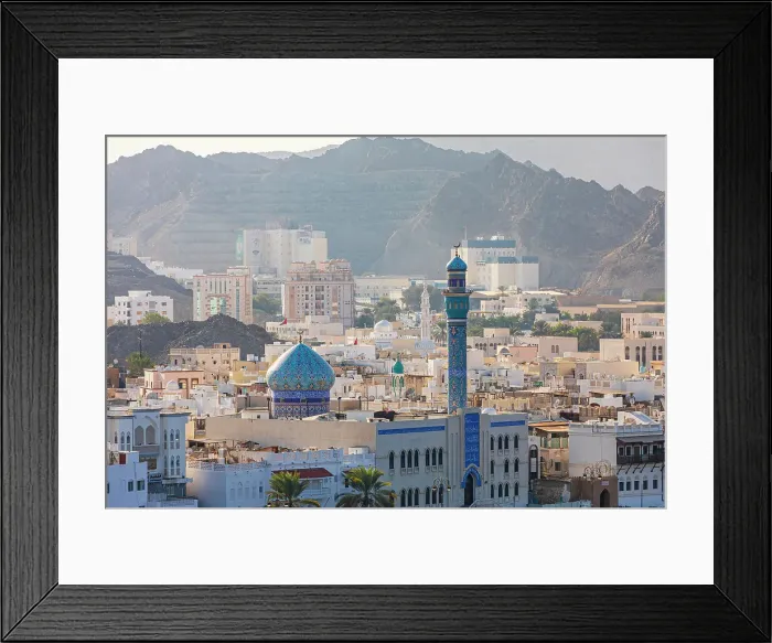 Framed Print : Middle East, Arabian Peninsula, Oman, Muscat, Muttrah. Blue minaret and dome of a mosque in Muttrah. Date: 20-10-2019 Framed Print : Middle East, Arabian Peninsula, Oman, Muscat, Muttrah. Blue minaret and dome of a mosque in Muttrah. Date: 20-10-2019
